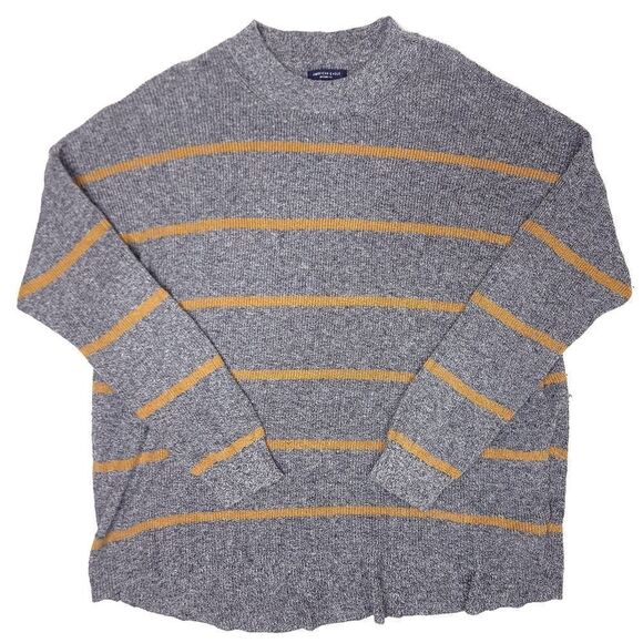 American Eagle Jegging Fit Crew Neck Sweatshirt Womens Large Striped Yellow Gray - Picture 1 of 8
